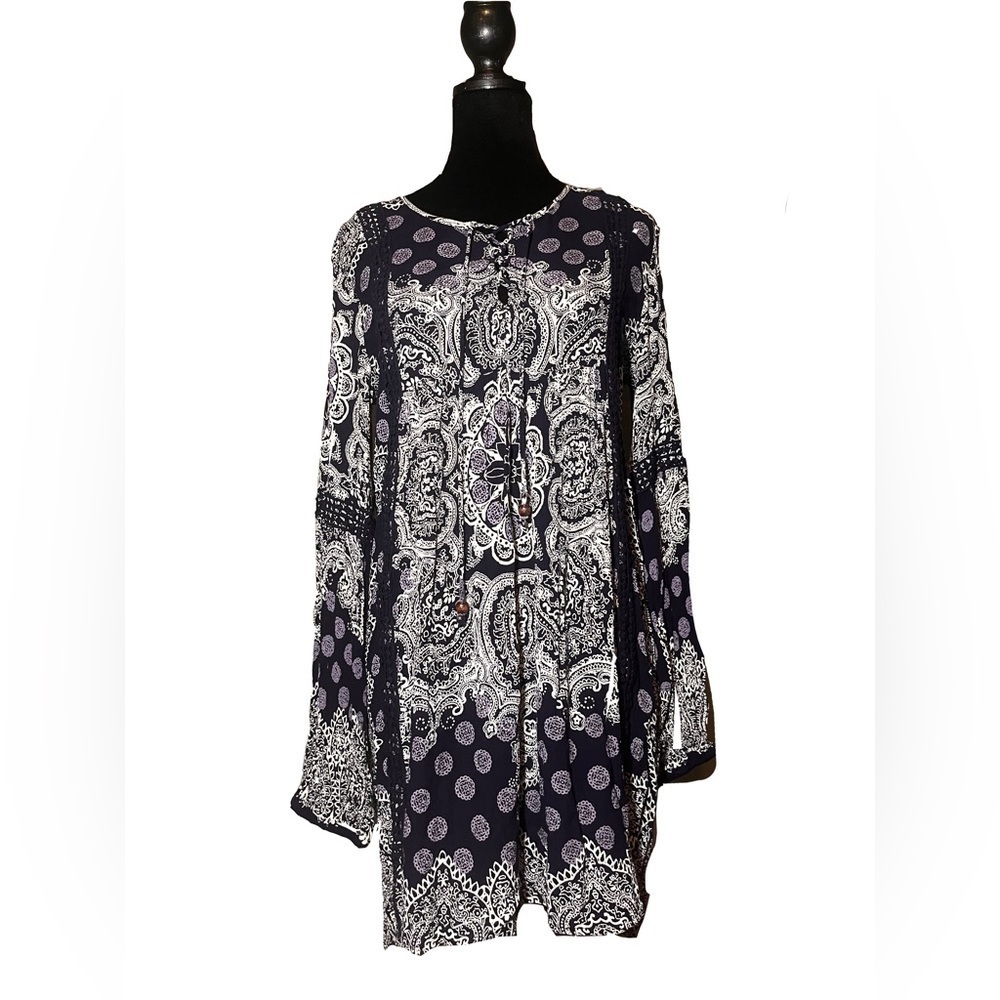 Altar’d State Blue Paisley Print Boho Crochet Accent Tunis Dress